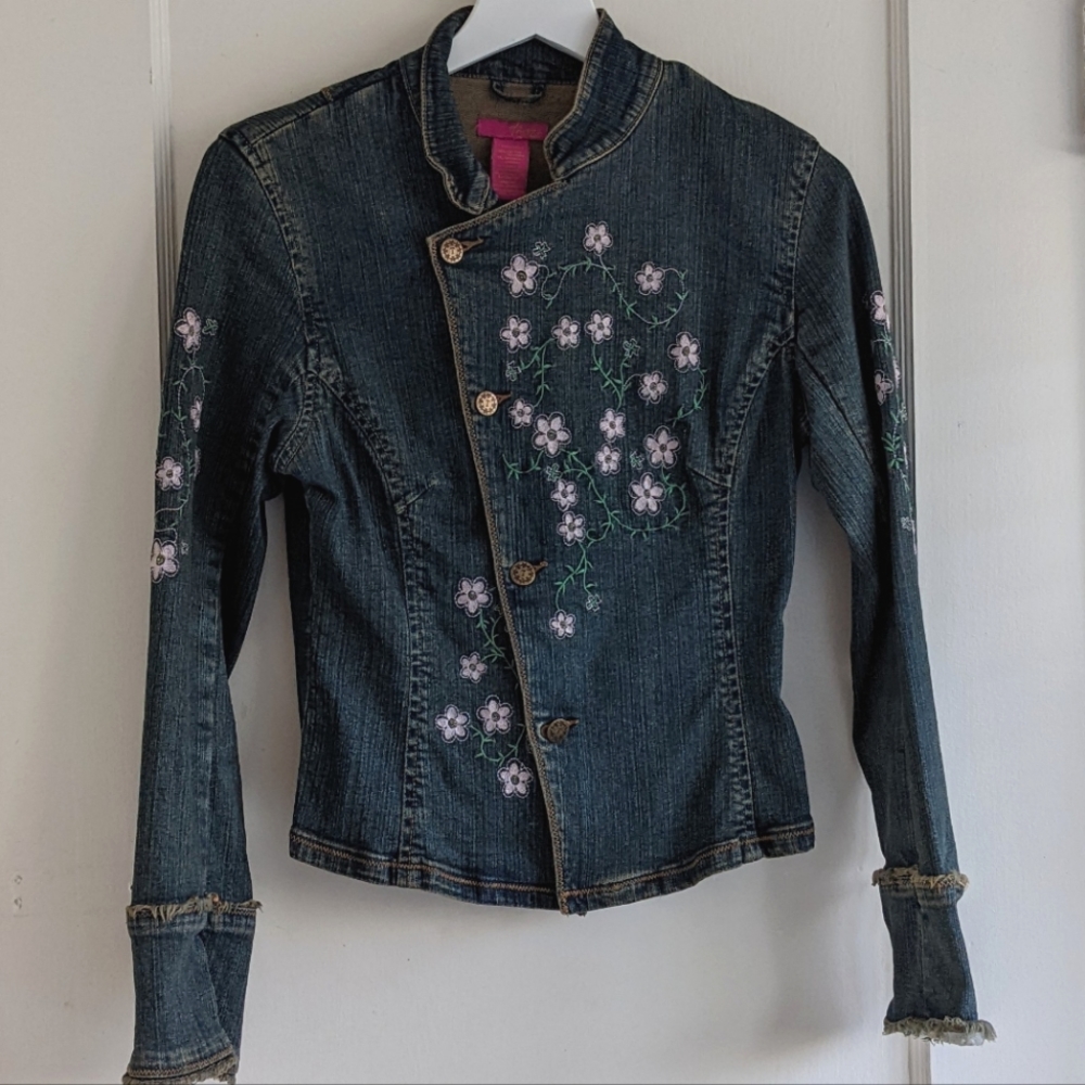 Thalia Sodi Embroidered Jean Jacket Distressed
